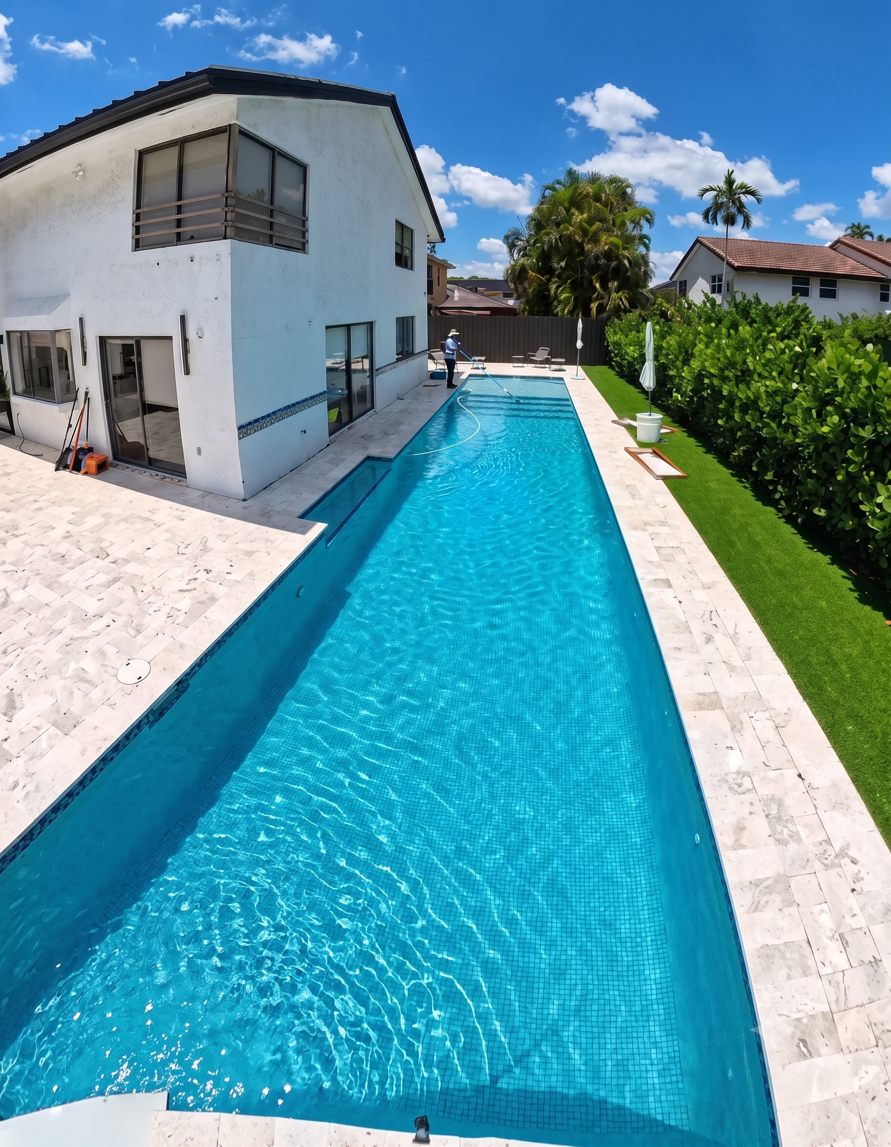 Crystal clear swimming pool in Miami after Alfaro Waterworks maintenance