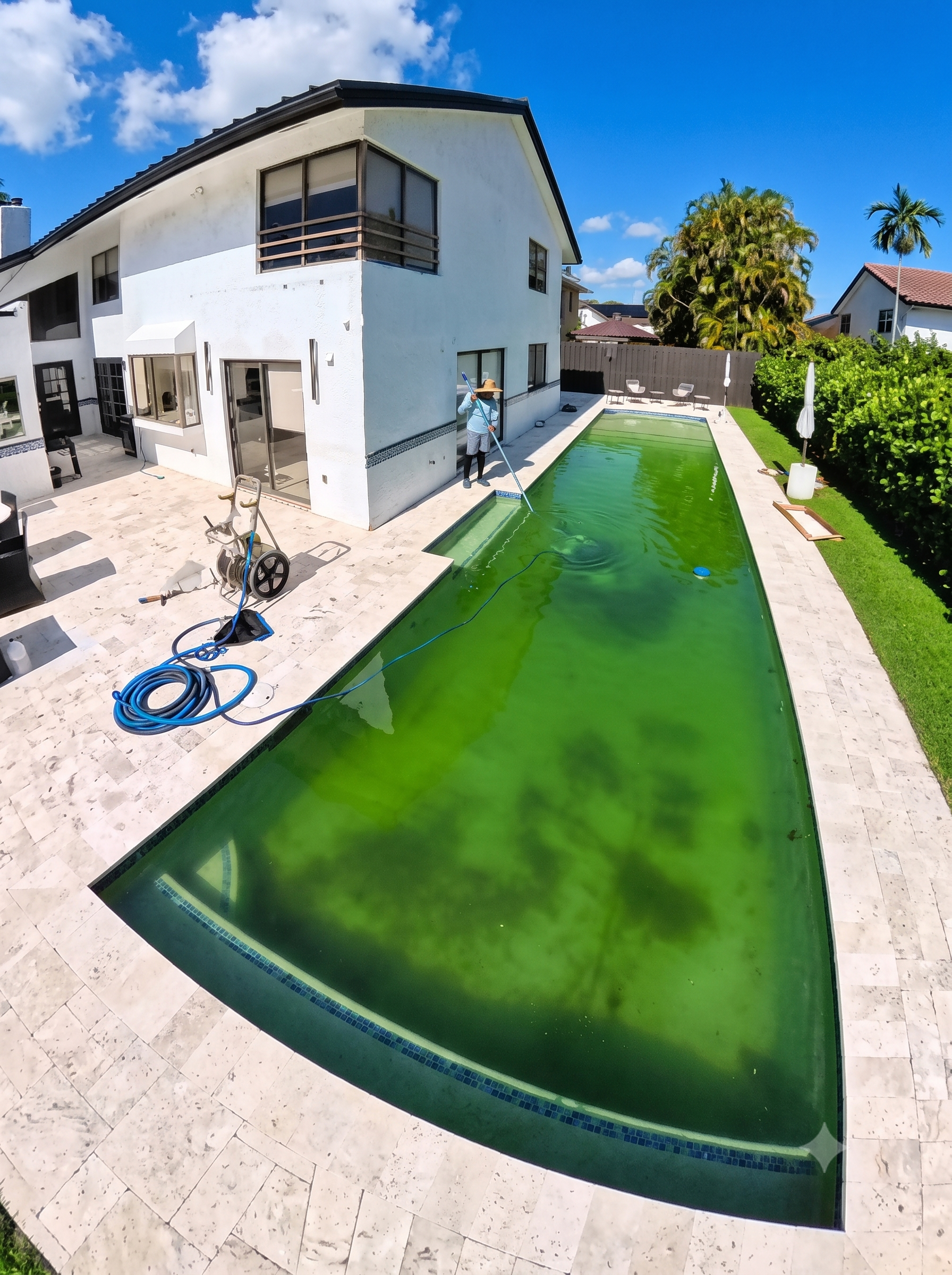 Green and dirty pool with algae before professional cleaning in Miami